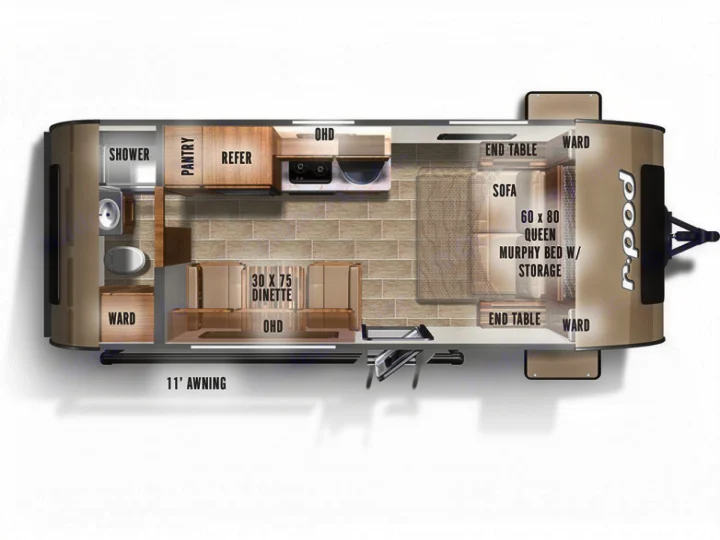 RV rental floor plan for an r.pod travel trailer, detailing interior layout with dinette, kitchen, bath, and queen Murphy bed.. Forest River R-Pod 2022