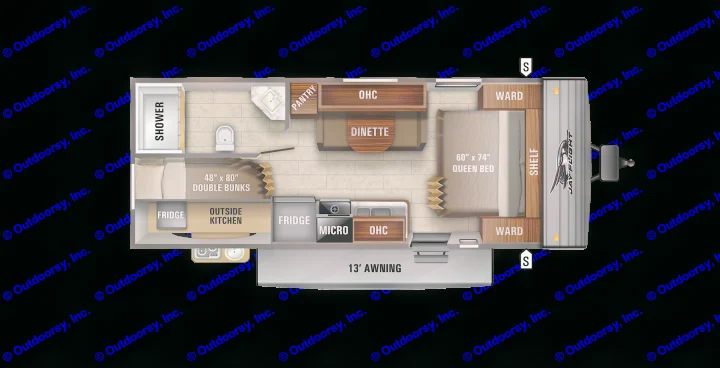 Detailed floor plan for an RV rental. Features include queen bed, bunks, dinette, kitchen, and bath, plus outside kitchen and awning.. Jayco Jayflight 224bhw 2021