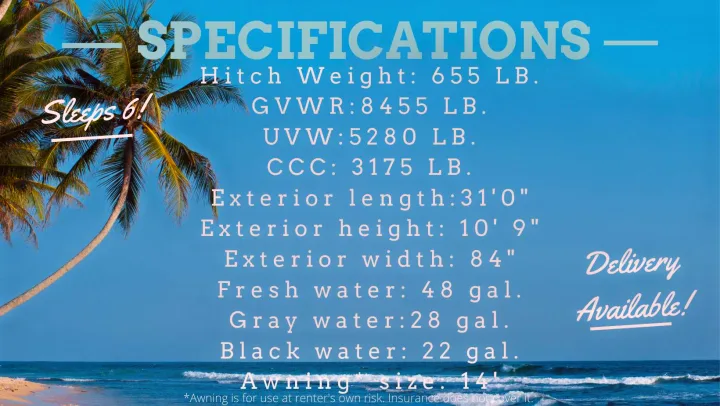 RV rental specifications: sleeps 6, detailed weights, dimensions, and water capacities. Delivery available.. Forest River EVO 2020
