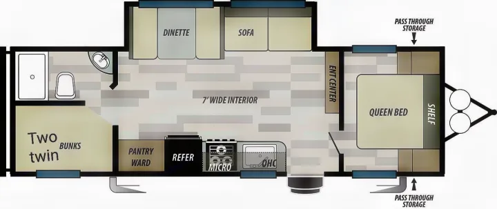 This RV rental floor plan details a queen bed, twin bunks, dinette, sofa, kitchen, and full bathroom layout.. Forest River EVO 2020