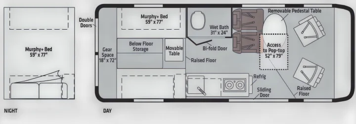 This RV rental floor plan illustrates day & night configurations with a Murphy bed, wet bath, kitchen, seating, and storage.. Winnebago Solis 2022
