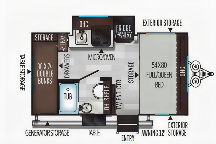 RV rental floor plan: See bunks, full/queen bed, kitchen, bath, & storage. Plan your adventure in this detailed interior layout.. Forest River Flagstaff E-Pro 2019