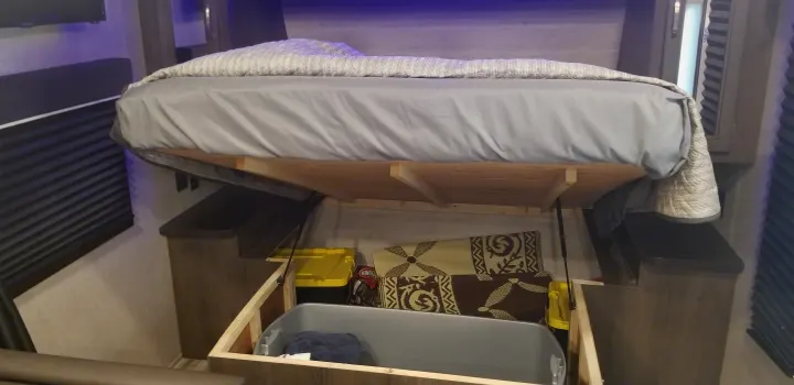 Lots of storage room under the easily accessible queen storage.. Jayco Jay Flight 2021