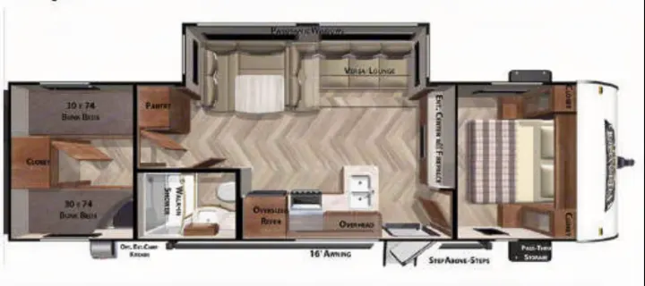 Explore this spacious rv rental floor plan featuring bunk beds, a full kitchen, lounge, bathroom, and master bedroom.. Forest River All American Sport 2020