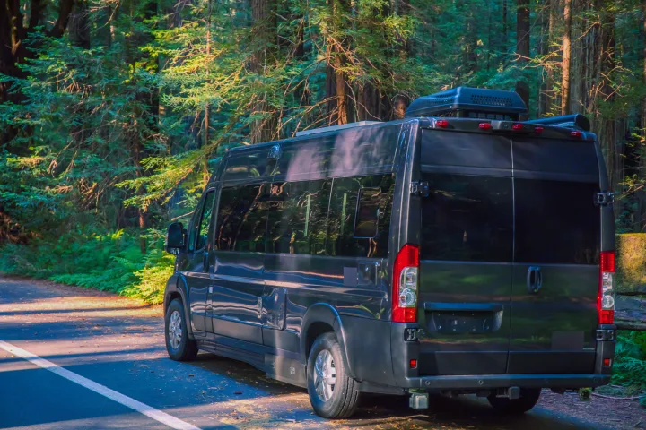 Charcoal RV rental van parked on a sunny forest road, surrounded by towering evergreen trees, perfect for a nature escape.. Roadtrek Play 2021