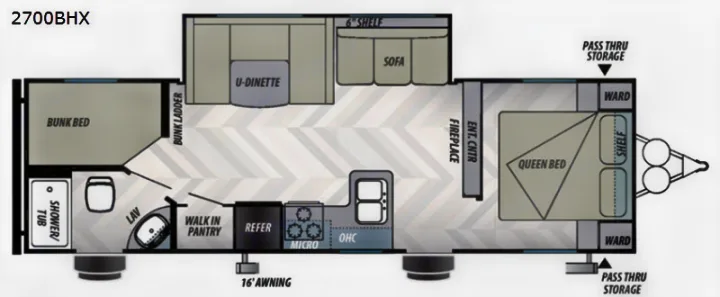 RV rental floor plan (2700BHX) showcasing queen bed, bunks, U-dinette, kitchen & bath, plus 16' awning.. Forest River Evo 2021