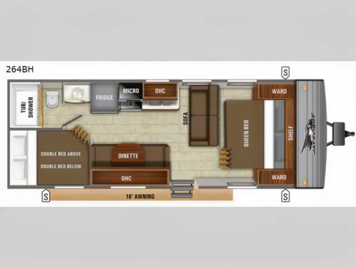 RV rental floor plan: 264BH Jay Flight. Features queen bed, bunk beds, kitchen, bath, dinette, sofa, and 16' awning.. Jayco Jay Flight SLX 2021