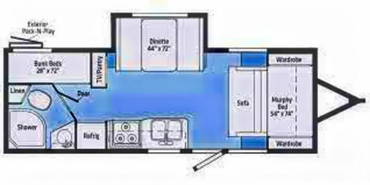 This RV rental floor plan shows bunk beds, kitchen, bathroom, dinette, sofa, and a Murphy bed layout.. Other Other 2019