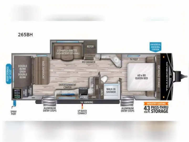 265BH travel trailer floor plan for RV rental. View this spacious bunkhouse RV layout with queen bed & shower.. Grand Design Transcend Xplor 2021