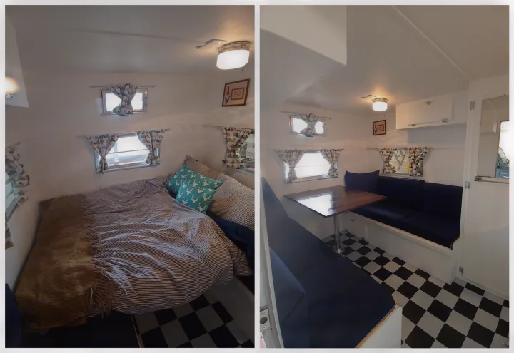 Cozy RV rental interior shows clever transformation: a comfy bed (left) converts to a dinette with checkered floors (right).. Adams Cardinal Travel Trailer 1972
