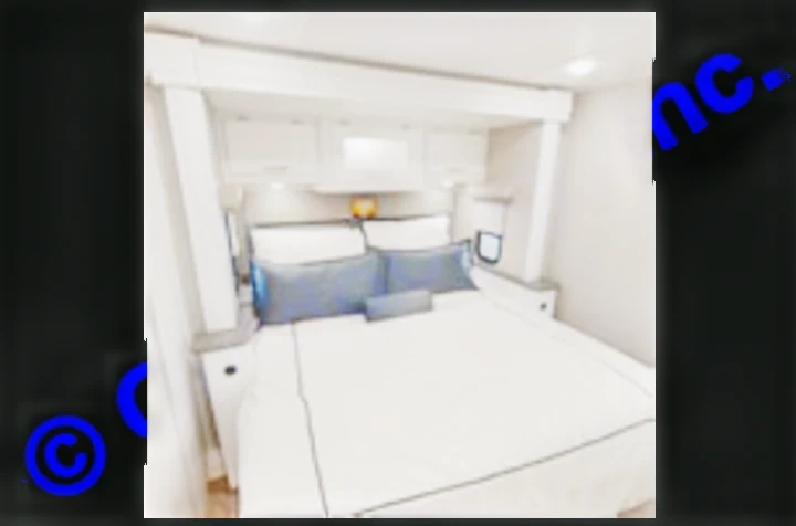 This inviting RV rental bedroom offers a comfortable queen bed, ample storage, and modern decor for your travel adventures.. Coachmen Mirada A-Class 2022