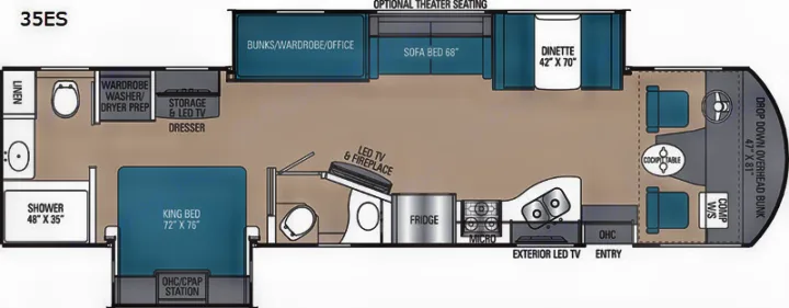 Overhead view of a spacious 35ES RV rental floor plan, detailing its king bed, kitchen, bath, and living areas.. Coachmen Mirada A-Class 2022
