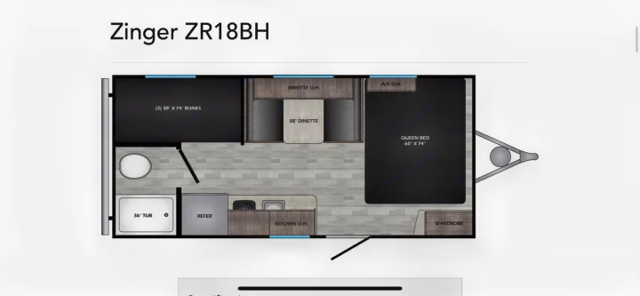 Zinger ZR18BH RV rental floor plan: Detailed layout showing a queen bed, bunks, dinette, kitchen, and bathroom with tub.. Crossroads Zinger 2021