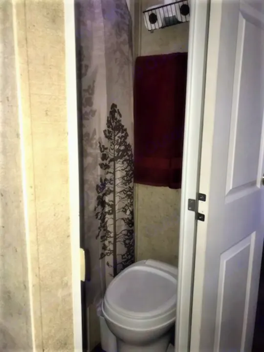 RV rental compact bathroom with white toilet, tree shower curtain, red towel, and wall storage basket.. Forest River Wildwood 2010