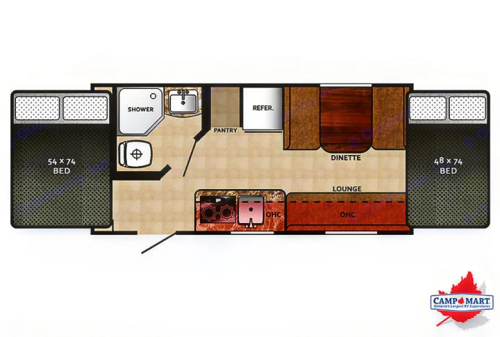 Overhead RV rental floor plan showing a travel trailer interior with two beds, kitchen, bathroom, dinette, and lounge area.. Forest River 16RB 2019