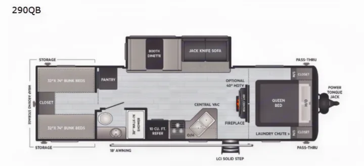 Detailed 290QB RV rental floor plan showing queen bed, bunk beds, kitchen, bathroom, and living areas for easy viewing.. Keystone Hideout 2021