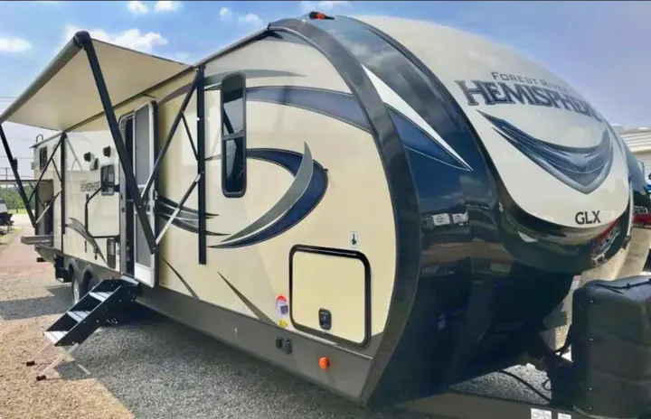 Side view with awning out. Forest River Salem Hemisphere 2020
