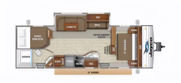 RV rental floor plan: Tour this travel trailer's interior layout featuring bunks, queen bed, dinette, and full kitchen/bath.. Jayco Jay Flight 2018