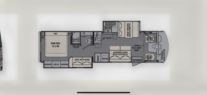 An RV rental floor plan illustrating the interior layout including a king bed, kitchen, bathroom, and living spaces.. Forest River Fr3 2017