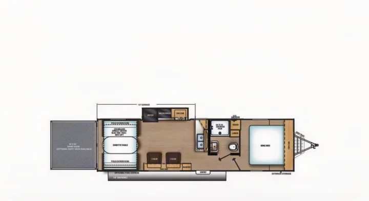 Detailed RV rental toy hauler floor plan: 15' garage, king bed, kitchen, bath, and dinette.. Coachmen Catalina 2021