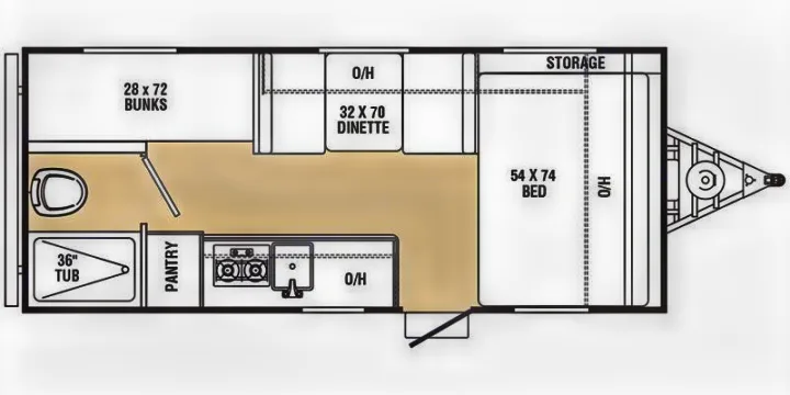 RV rental floor plan showing a compact travel trailer's interior layout: bunks, dinette, bed, bath, and kitchen.. Coachmen Clipper 2016