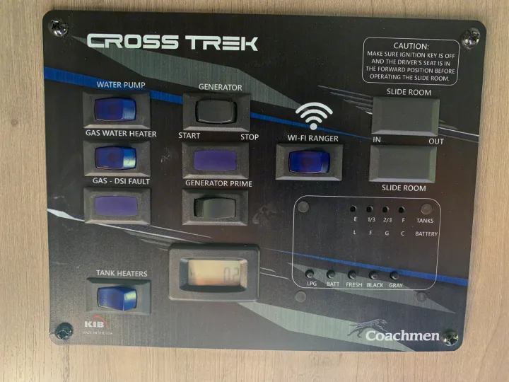 RV rental: This Cross Trek/Coachmen control panel displays water, generator, slide room, and tank level functions for RV operation.. Other Other 2021