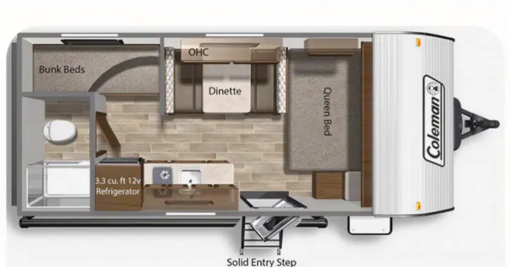 Compact Coleman RV floor plan for your rv rental adventure, featuring a queen bed, bunks, dinette, and kitchenette.. Coleman COLEMAN LANTERN 2021