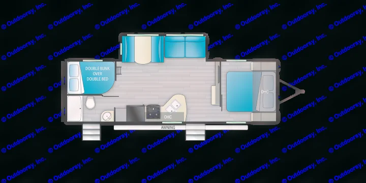 This RV rental floor plan highlights a spacious interior: bedroom, bunks, kitchen, bath, and living area, perfect for family trips.. Heartland RVs Pioneer 2021