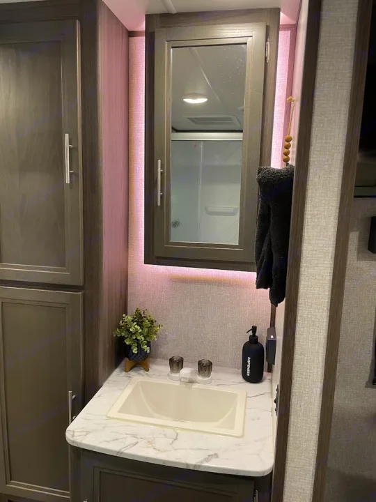 Inside a modern RV rental: a well-lit bathroom vanity with white sink, mirrored cabinet, and reflection of a sleek shower.. Dutchman Kodiak Ultra-Lite 2021