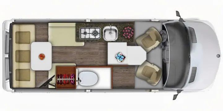 Top-down RV rental floor plan: living area, kitchen with stove/sink, bathroom, and front swivel seats.. Roadtrek Agile Ss 2019
