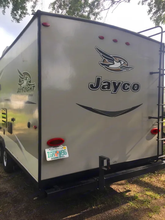 Rear view of a grey Jayco Jay Flight RV, ideal for an rv rental.. Jayco Jay Flight 2018