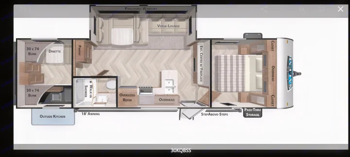 Explore this RV rental's spacious floor plan: travel trailer with bunks, kitchen, lounge, and more.. Forest River Salem 2021