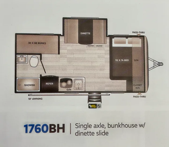 RV rental floor plan: 1760BH travel trailer with bunks, dinette slide, kitchen, and master bed.. Keystone Springdale 2021