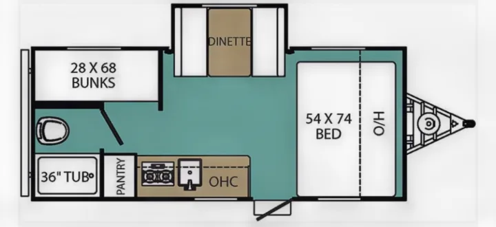Detailed RV rental floor plan displays the interior layout with bunk beds, a large bed, dinette, and kitchen.. Coachmen Clipper 2017