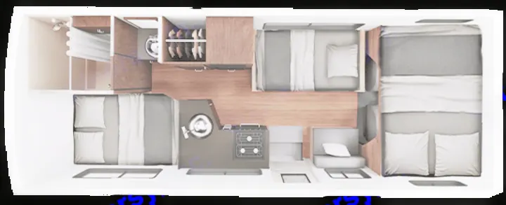 Overhead view of an RV rental interior showcasing two distinct sleeping areas, kitchen, shower, and storage.. Thor Motor Coach Four Winds Majestic 2013