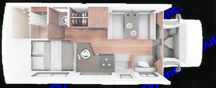 Overhead view of an RV rental's comfortable interior: bed, kitchen, dining table, and bathroom.. Thor Motor Coach Four Winds Majestic 2013