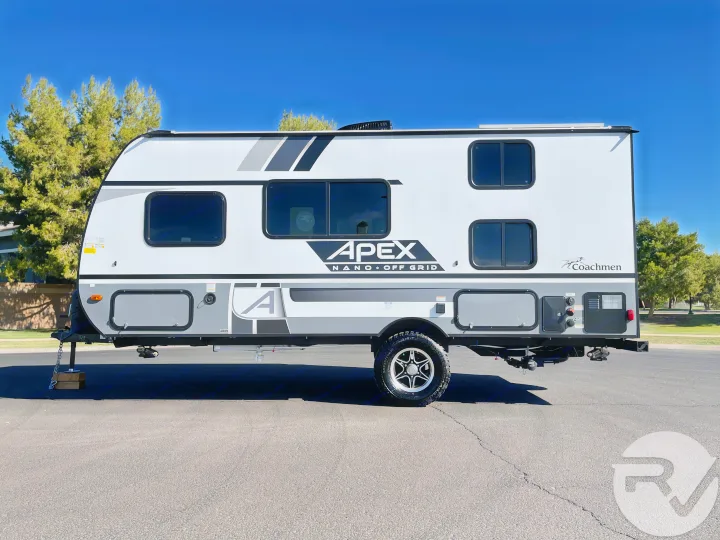 This modern white & gray Apex Nano Off-Grid travel trailer is available for RV rental, ready for your next outdoor adventure.. Coachmen Apex 2021
