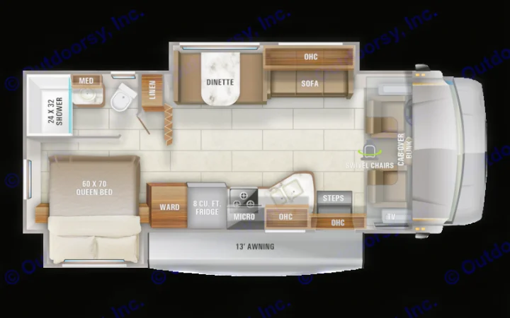 This RV rental floor plan shows a queen bed, full bath, kitchen, dinette, sofa, & cab-over bunk.. Jayco Redhawk 2025