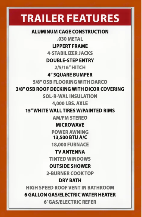 This RV rental features list details construction, AC, furnace, kitchen, and dry bath amenities for comfortable travel.. Old School 818 2021