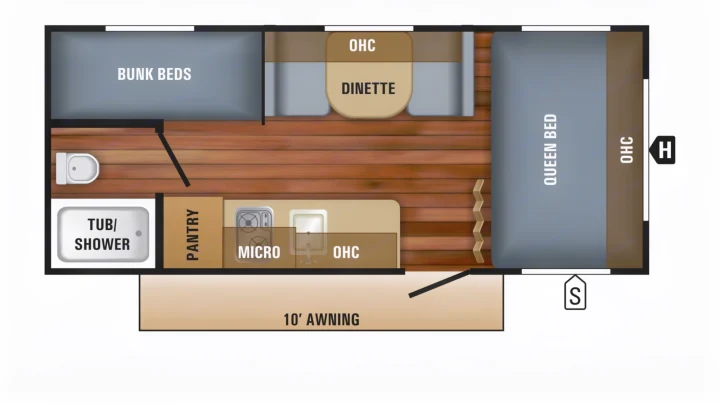 This RV rental floor plan shows a queen bed, bunk beds, dinette, kitchen, and bathroom, offering a comprehensive layout.. Jayco Jay Flight 2019