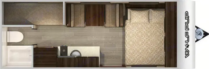 Compact RV rental floor plan: A travel trailer interior showcasing bedroom, kitchen, bathroom, and living areas.. Forest River Cherokee Wolf Pup 2022
