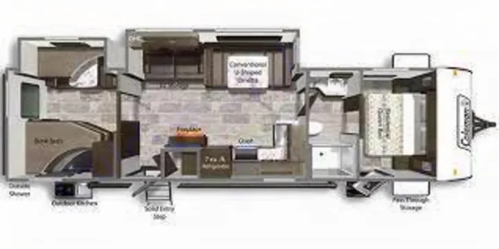 RV rental floor plan: Detailed layout of a travel trailer's interior, showing queen bed, bunk beds, kitchen, and living space.. Dutchmen Coleman 2021