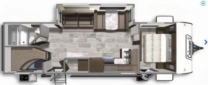 Overhead RV rental floor plan displaying the bedroom, kitchen, bath, and living areas of this travel trailer.. Coleman Other 2021
