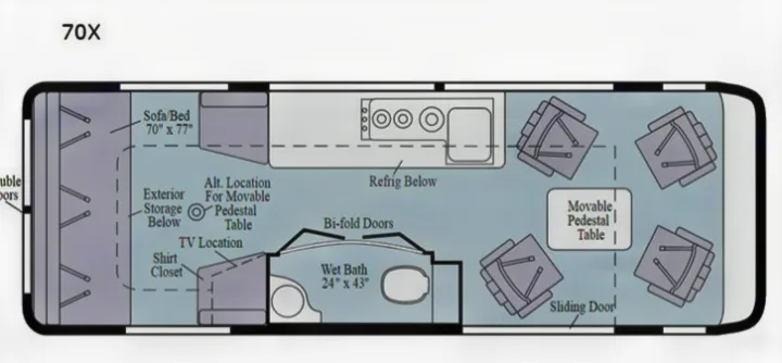 Diagram of an RV rental's (70X) interior floor plan, featuring sofa/bed, kitchen, wet bath, and modular seating.. Winnebago Era 2021