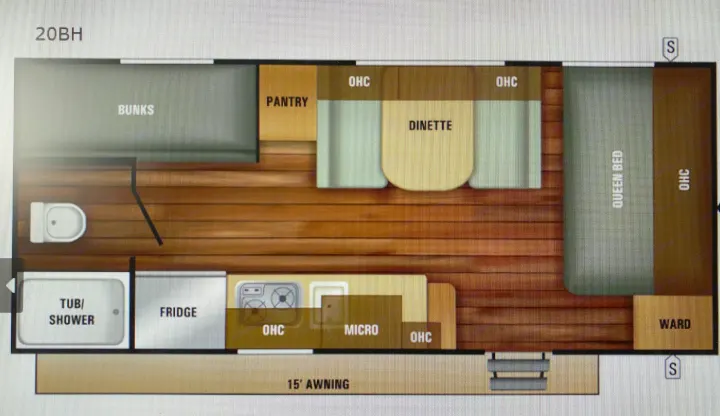 20BH RV rental floor plan: Bunkhouse travel trailer layout with queen bed, dinette, kitchen, and full bath.. Starcraft Autumn Ridge 2018