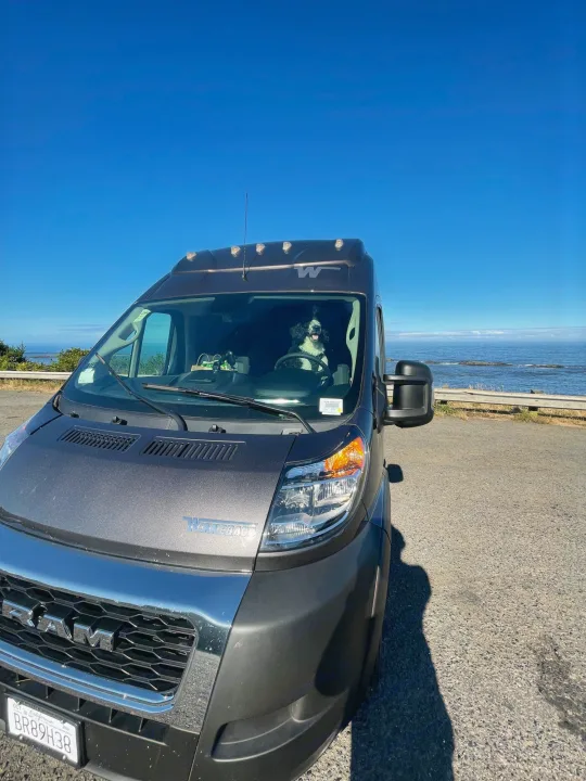 Joyful dog in a grey RV rental camper van overlooking the ocean. Perfect coastal travel adventure.. Winnebago Solis 2022