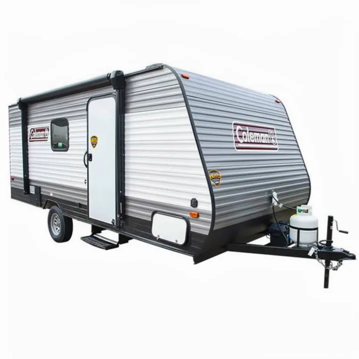 Side view of a compact grey and white Coleman travel trailer with an awning, ideal for RV rental adventures.. Other Other 2021