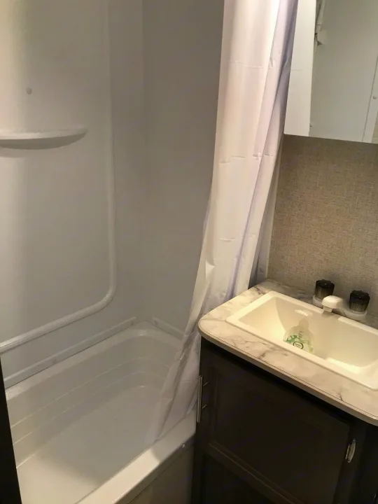 RV rental: A compact bathroom showing a white shower/tub, shower curtain, and a vanity with a white sink, marble counter, and dark cabinets.. Coleman 295QB 2021
