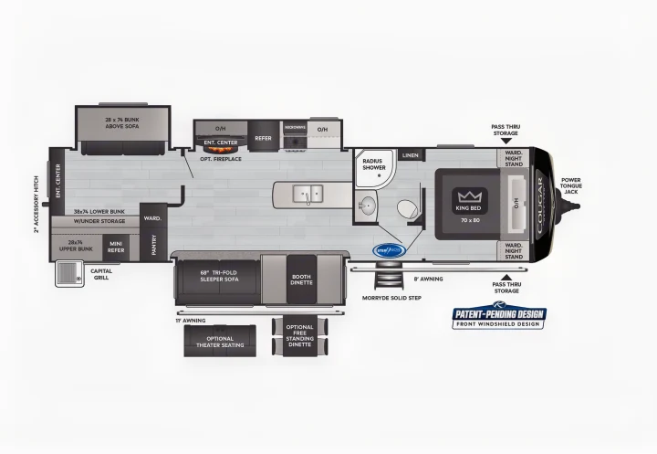 Detailed RV rental floor plan showing a recreational vehicle's interior layout with king bed, bunks, kitchen, and bath amenities.. Keystone Cougar Half-Ton 2021