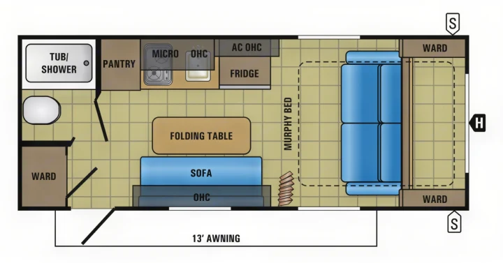 Top-down RV floor plan with a Murphy bed, kitchen, bath, sofa, and storage. Visualize your next rv rental adventure.. Jayco Jay Feather 2017